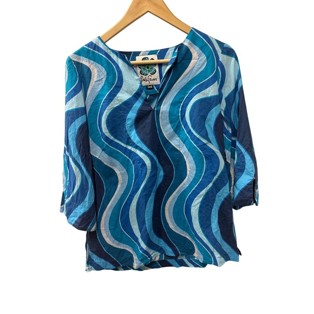 Lesley Evers Blue Wave Print Tunic Top Womens Small V-Neck 3/4 Sleeve Mod Retro